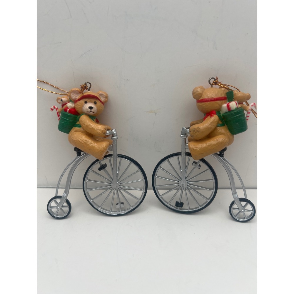 Teddy Bear on Penny‎ Farthing Bicycle Christmas Ornaments Set of 2